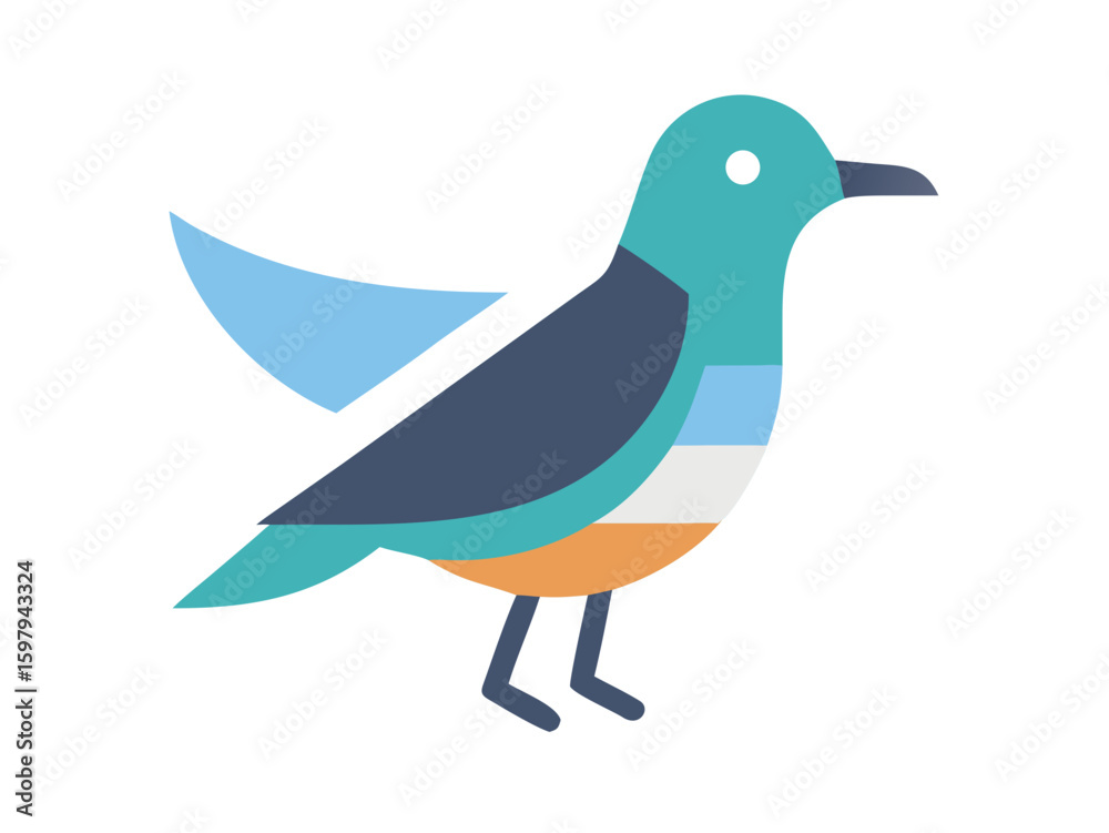 Fototapeta premium Cute Line Art Illustration of a Light-Coloured Bird Perched. A stylized, light-blue bird with a simple line art design, perched on a branch. 