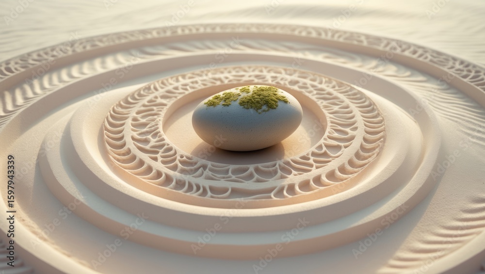 Fototapeta premium A stone with moss in the center of a geometric sand labyrinth in a desert landscape.