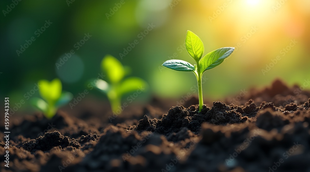 A young plant sprouts from the soil in sunlight A young plant sprouts from the soil in sunlight