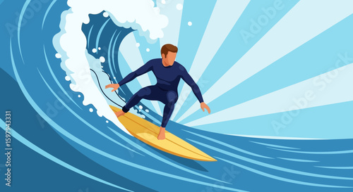 Energetic Surfer Catching a Wave Rides the Blue Sea Adventure