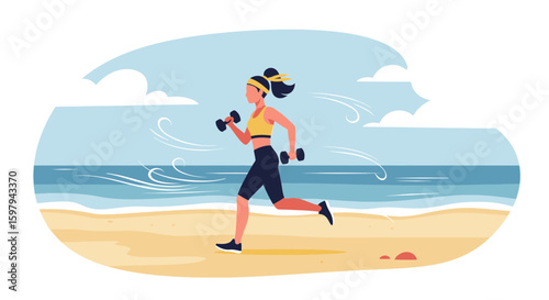 Energetic Woman Engaged in Weight Training on a Picturesque Beach Setting