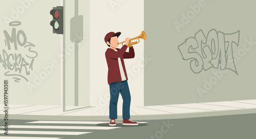 Man Playing Trumpet On Street Corner Against Graffiti Wall Background Urban Scene