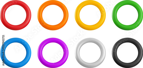 Vector 3d color circle frame set. Trendy plastic round blank black, green, blue, yellow and purple circle badge, abstract empty torus button. 3d render of plastic geometric shape design element.