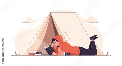 Enjoying Camping Life Reading A Book With A Flashlight Inside The Tent