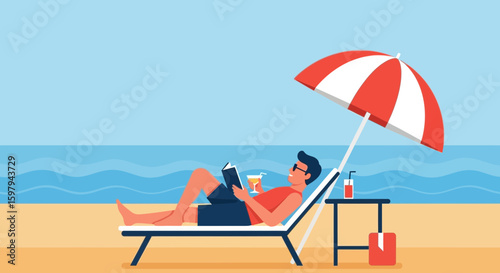 Enjoying Beach Vacation While Relaxing on Beach Chair With Drink and Book