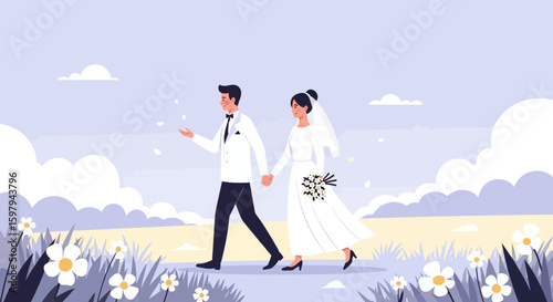 Newlyweds Strolling Through Field After Tying The Knot Ceremony Vector Illustration