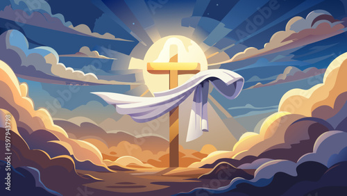 Golden cross draped with white cloth against a backdrop of sun rays and fluffy clouds in the sky