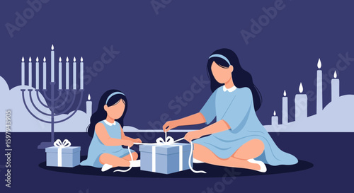 Enjoying Hanukkah Holiday Mom And Daughter Open Gifts And Celebrate Tradition