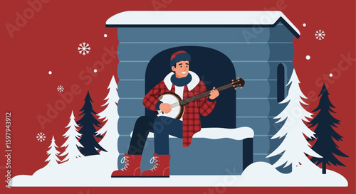 Man Plays Banjo In Cozy Cabin Winter Scene With Snow And Evergreen Trees