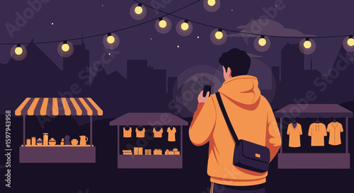 Night Market Scene Under City Lights With Shopper On Mobile Phone