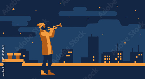 Night Serenade Rooftop Trumpeter Under Starry Skies Urban Vector Illustration