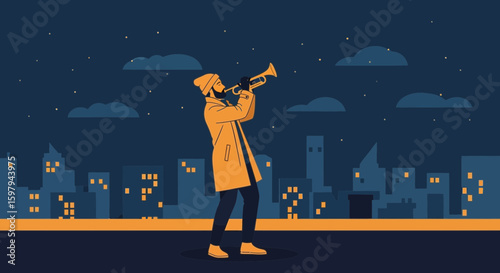 Nightly Serenade A Trumpet Player Performing On A City Rooftop