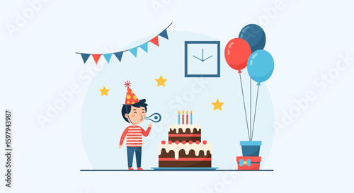Joyful Celebration A Boy's Birthday With Cake Balloons And Festive Decorations