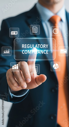 Businessman Hand Touching Regulatory Compliance Screen Blue Interface