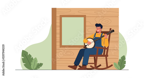 Man Plays Banjo Relaxing On Rocking Chair On His Porch Illustration