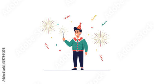 Joyful Celebration Boy Holds Sparkler Amidst Festive Fireworks And Confetti