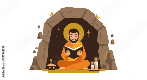 Enlightened Monk Reads In Cave With Candles And Offerings Spirituality