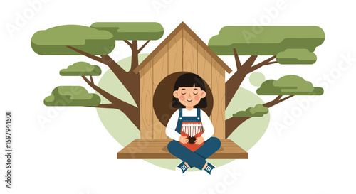 Girl Enjoying Music In A Treehouse A Peaceful Scene For Children