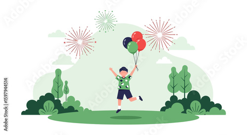 Joyful Celebration: Boy With Balloons Amidst Festive Fireworks In Nature Setting
