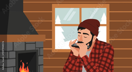 Man Plays Harmonica In A Cozy Log Cabin During Winter Season Near Fireplace