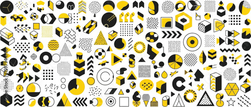 Geometric abstract shapes in black and yellow create a modern pattern.