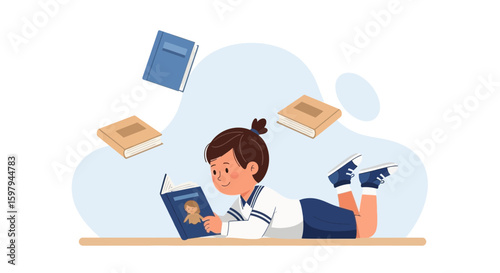 Girl Enjoying Reading Surrounded By Floating Books In A Whimsical Scene