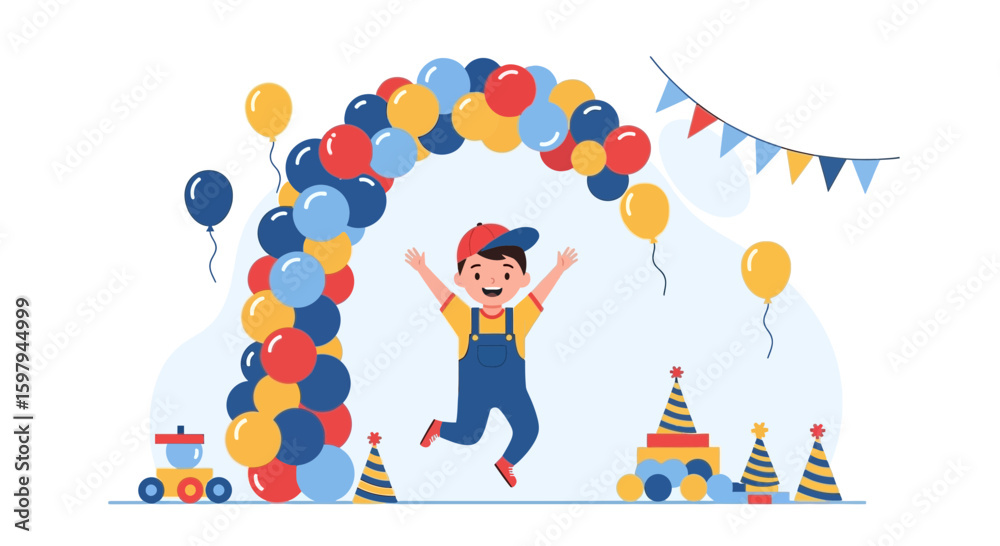 Fototapeta premium Joyful Celebration Happy Boy Jumping Under Colorful Balloons For A Cheerful Birthday Party