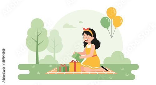 Joyful Celebration Girl Opening Presents At Outdoor Picnic Party