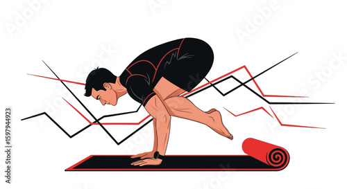 Man Practicing Crane Pose Vector Illustration For Well Being Concept