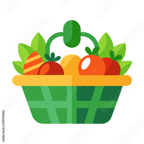 Shopping basket with fresh food and drink.Buy grocery in the supermarket. Vector flat design illustration on white background