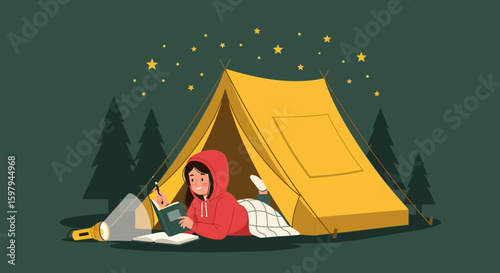 Girl In Hooded Sweatshirt Reads By Tent During Camping Under Starry Night
