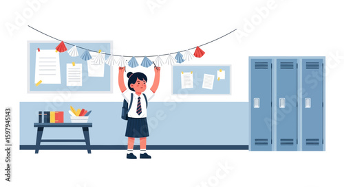 Girl In School Hanging Festive Decoration With School Board And Blue Lockers