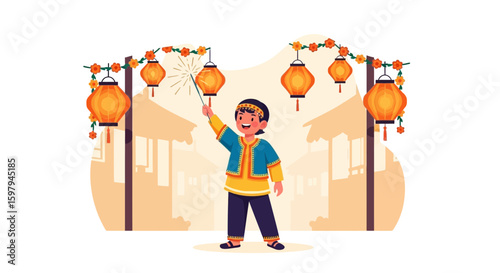 Joyful Celebration Lanterns And Sparklers For Festive Atmosphere And Happy Child