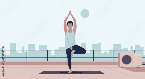 Man Practicing Tree Pose Yoga Asana On Rooftop At Sunrise For Serenity