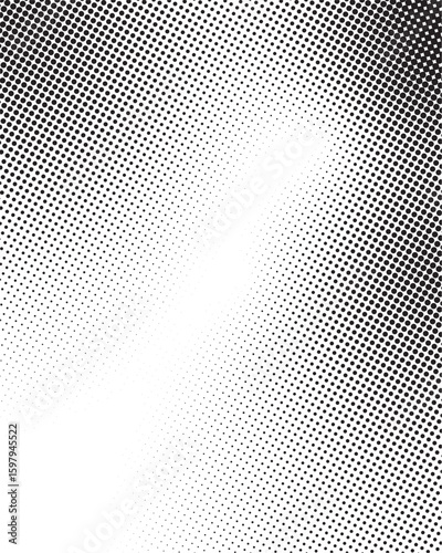 High-contrast halftone gradient texture with a light beam effect. Retro comic-style dot pattern in black and white, ideal for pop art, graphic design backgrounds, overlays, or vintage print effects.

