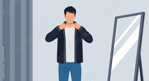 Man Prepares Outfit In Front Of Mirror Ready To Go Out