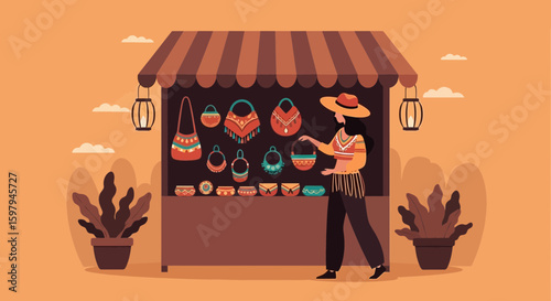 Ethnic Style Market With Bags And Accessories Beautiful Handcraft Souvenir Woman Selling