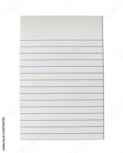 Lined notebook page isolated in transparent background. Empty note paper mockup. Writing, notes, school or organization concept, cut out design element