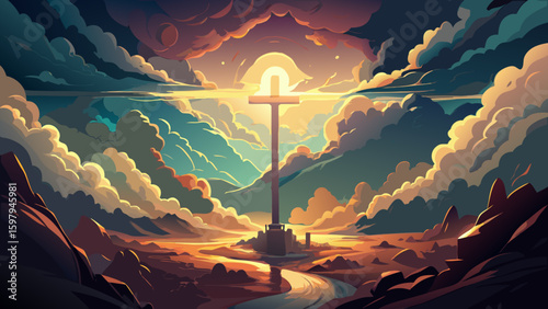 A towering cross amidst a landscape of mountains and clouds at sunset with a winding river below