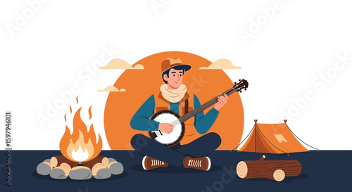 Evening Serenade At Campsite Man Enjoying Campfire Music Under Sunset