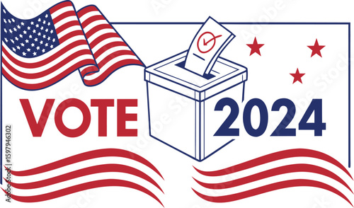 Election 2024: A patriotic illustration for the upcoming election, featuring the American flag waving proudly, a ballot box, and the year 2024, symbolizing the power of the vote.