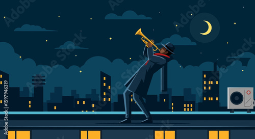 Evening Serenade Trumpet Performance Under Starry Skyline Cityscape Illustration