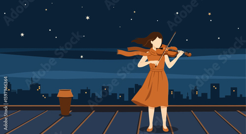 Girl Plays Violin Under The Stars At Night On A Roof In The City