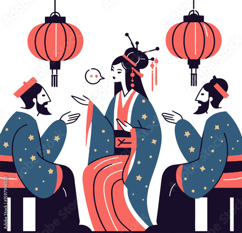 Traditional Chinese woman tale telling stories to two men in festive attire.  