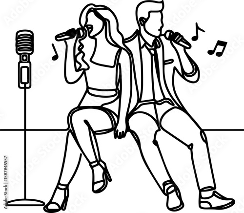 Man and woman singing duets karaoke together with microphones in a studio  