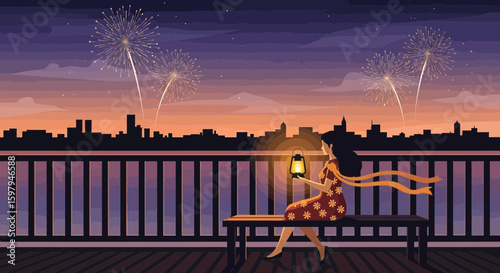 Evening Serenity A Woman Gazing At Fireworks With a Lantern At Night