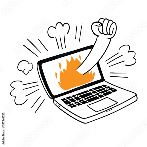 A hand-drawn illustration of a fist smashing through a flaming laptop