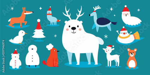 Vector art of a delightful assortment of winter holiday animals and characters, featuring polar bears, snowmen, and santa.
