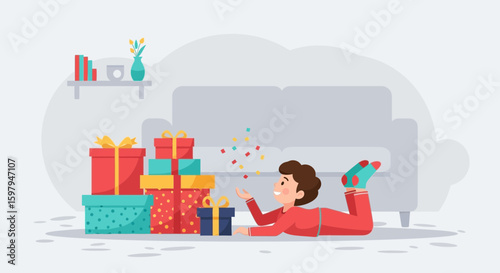 Joyful Celebration Youngster Lying Amidst Stacked Gifts Casting Confetti Indoor Scene
