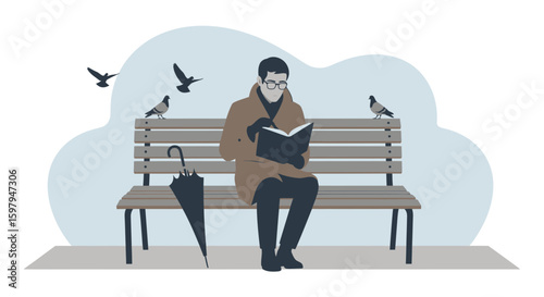 Man Reading On A Park Bench Surrounded By Pigeons And An Umbrella